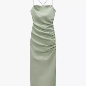 ZARA Light Green Linen Blend Draped Midi Dress Side Drape